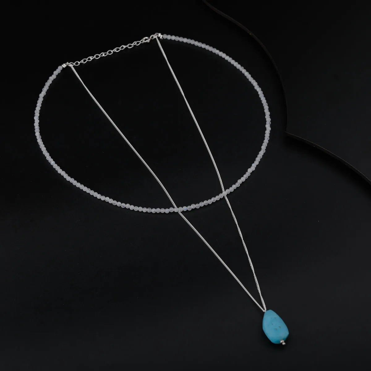 2 layers Silver Necklace with Chalcedony and Moonstones