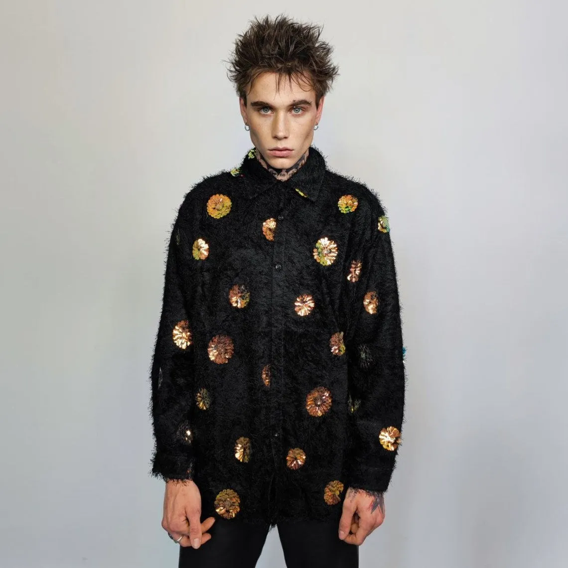 Baggy fluffy shirt long sleeve fleece blouse embellished oversize gothic floral patch sweatshirt boho sparkly jumper in black