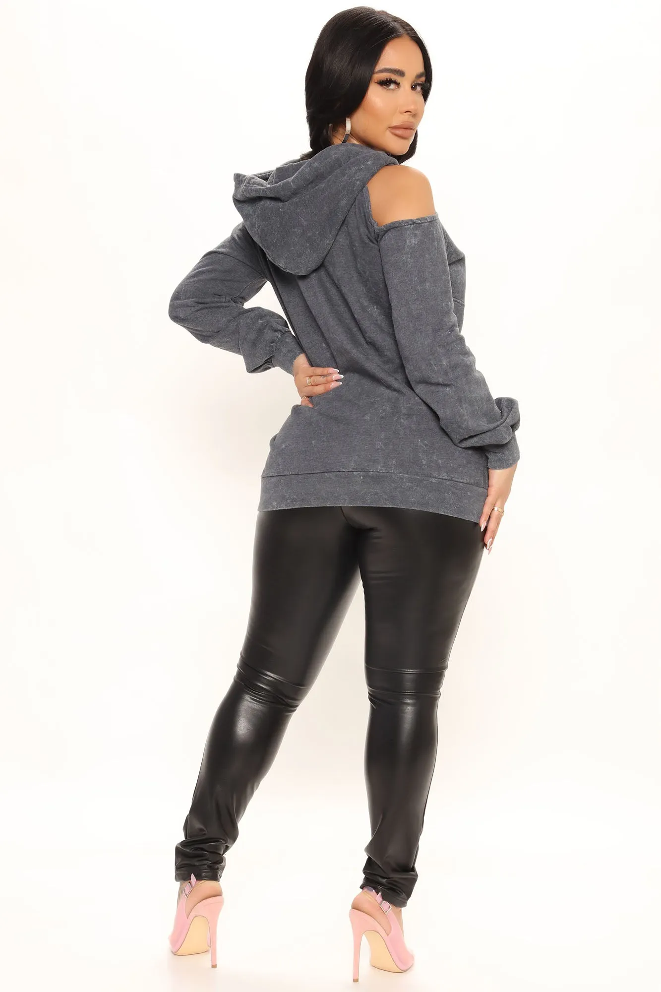 Barbie Cold Shoulder Mineral Wash Hoodie - Charcoal