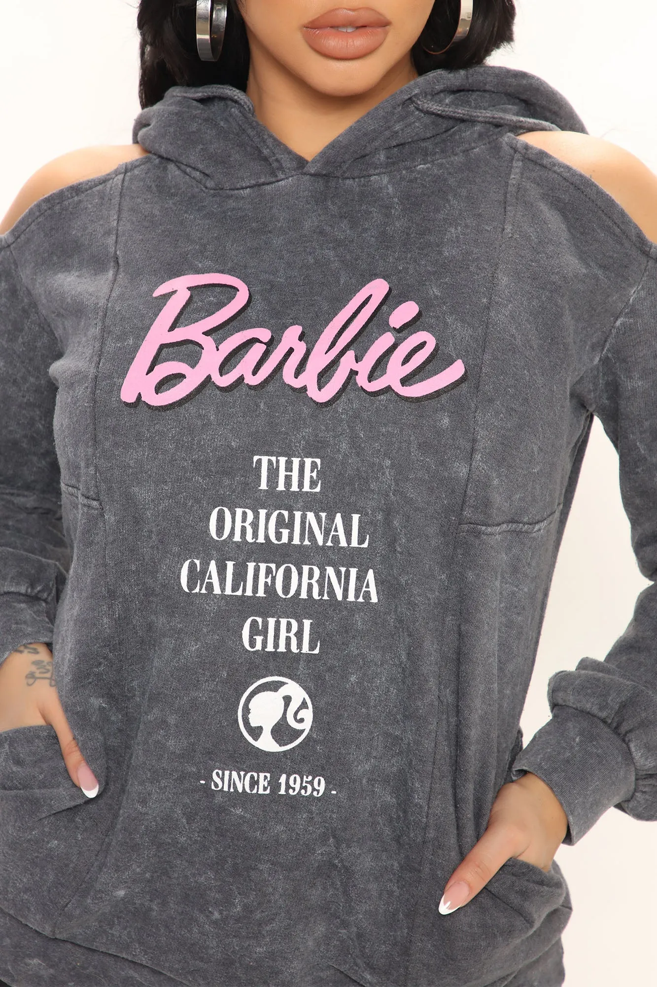 Barbie Cold Shoulder Mineral Wash Hoodie - Charcoal
