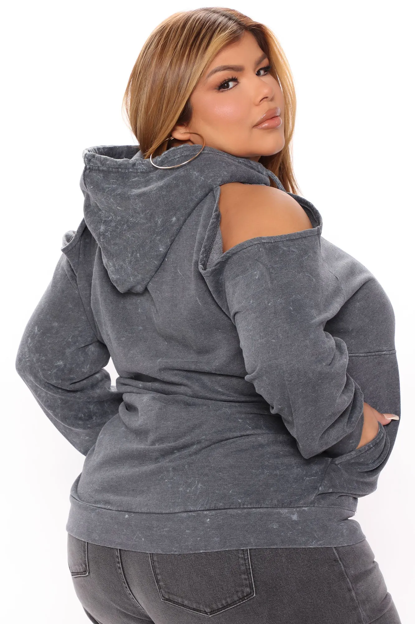 Barbie Cold Shoulder Mineral Wash Hoodie - Charcoal