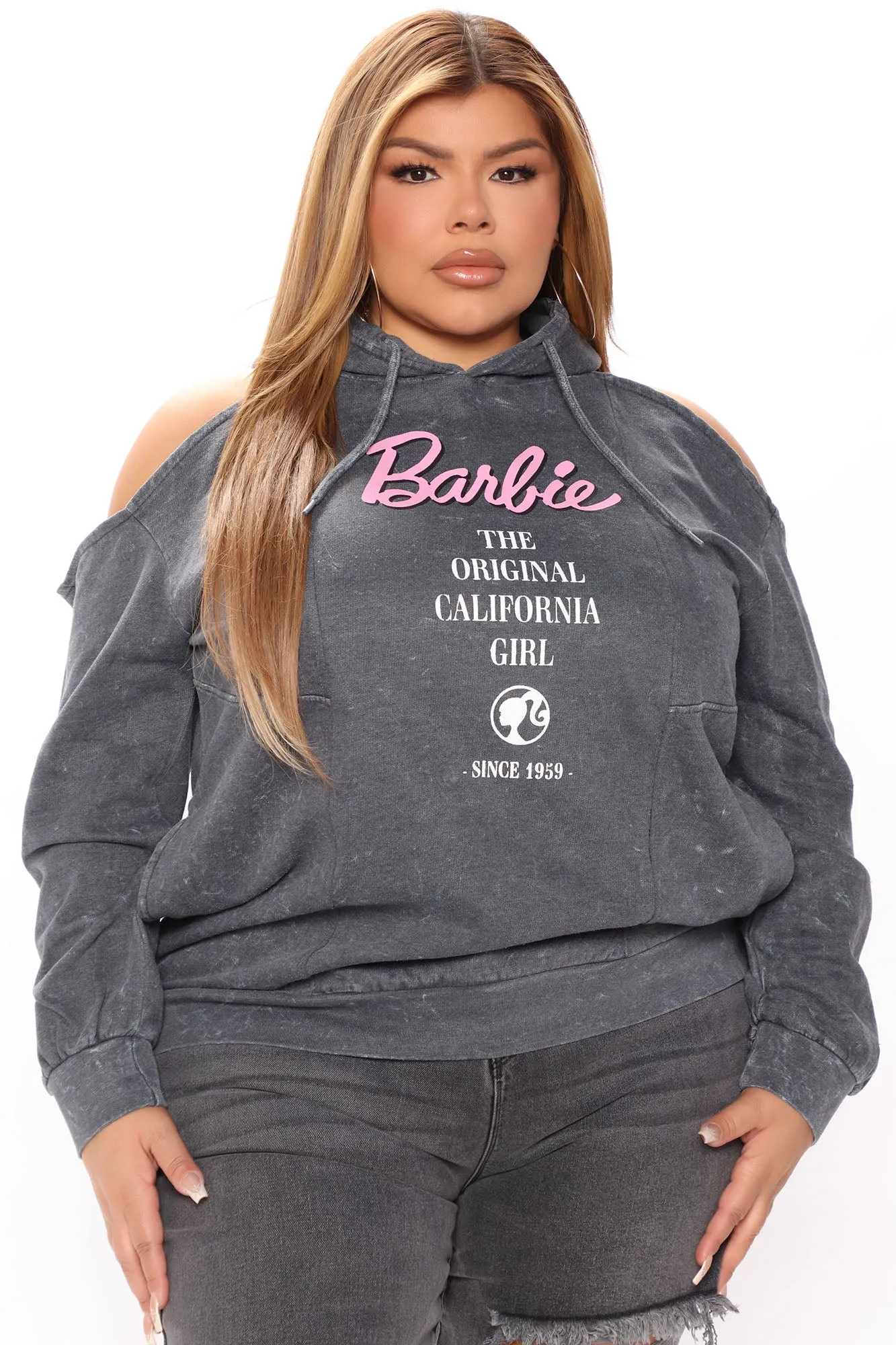 Barbie Cold Shoulder Mineral Wash Hoodie - Charcoal