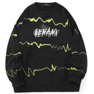 Black Stripe Letter Print Crew Neck Sweatshirt