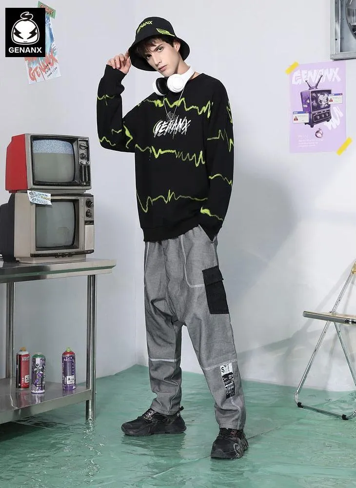 Black Stripe Letter Print Crew Neck Sweatshirt
