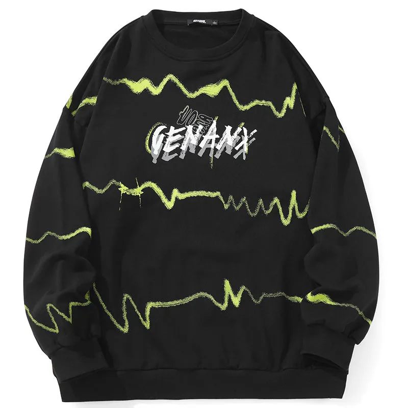Black Stripe Letter Print Crew Neck Sweatshirt