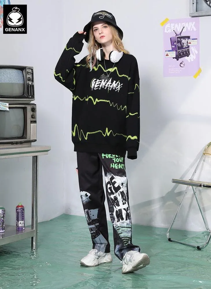 Black Stripe Letter Print Crew Neck Sweatshirt