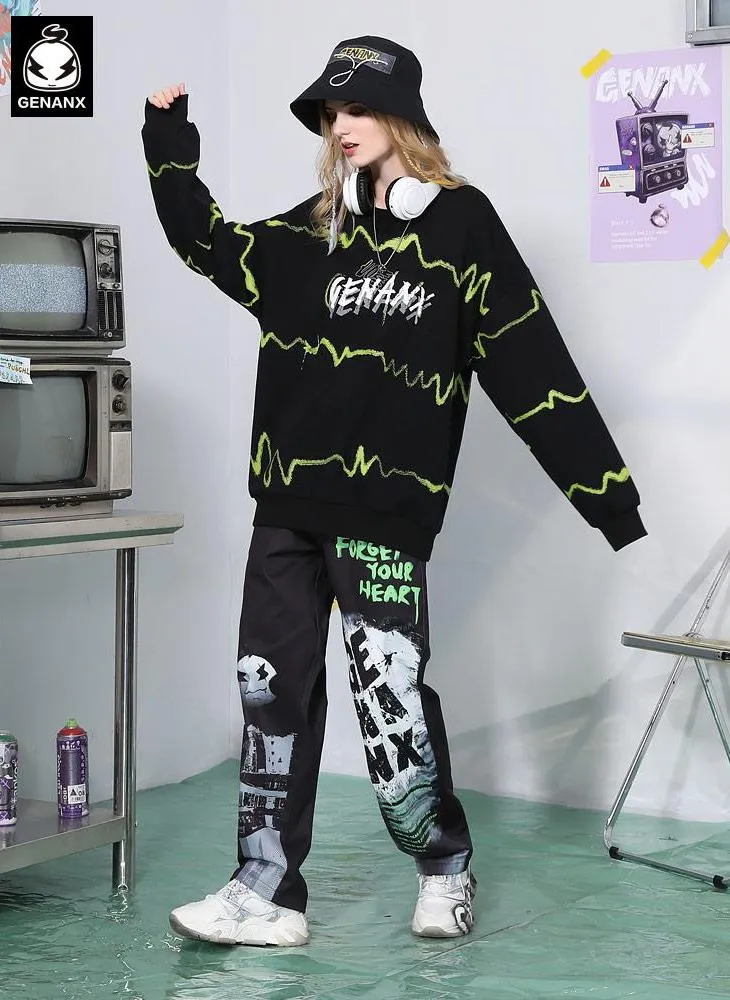 Black Stripe Letter Print Crew Neck Sweatshirt