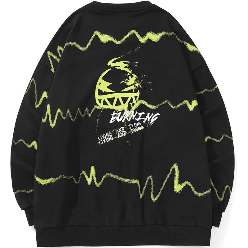 Black Stripe Letter Print Crew Neck Sweatshirt