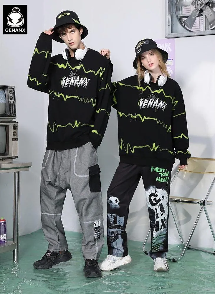 Black Stripe Letter Print Crew Neck Sweatshirt