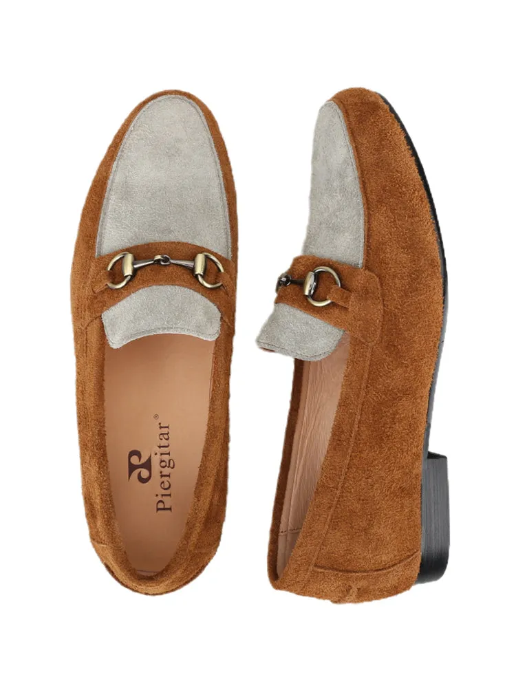 British style suede plush stitching men's slip-on loafers classic bronze horse shackle smoking shoes for men