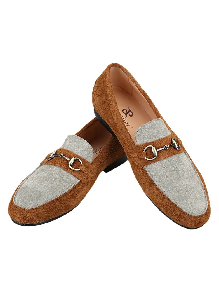 British style suede plush stitching men's slip-on loafers classic bronze horse shackle smoking shoes for men