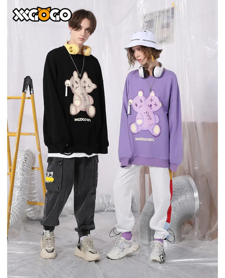 Cartoon Bear Print Loose Basic Sweatshirt