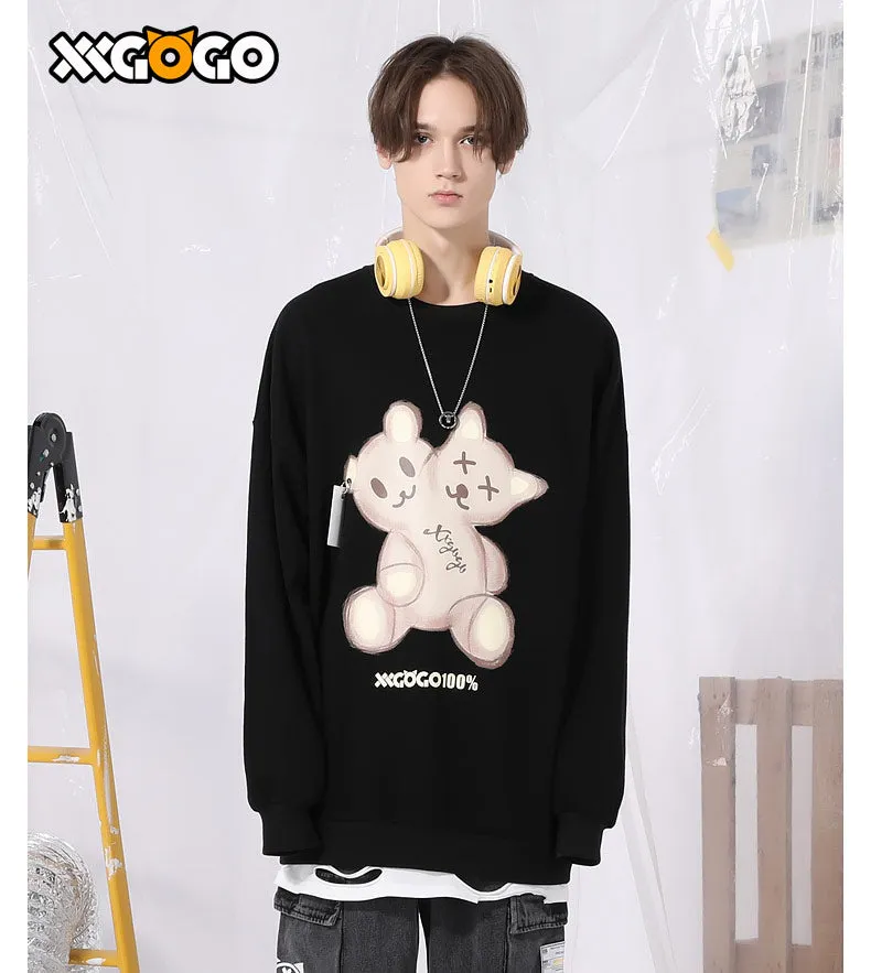Cartoon Bear Print Loose Basic Sweatshirt