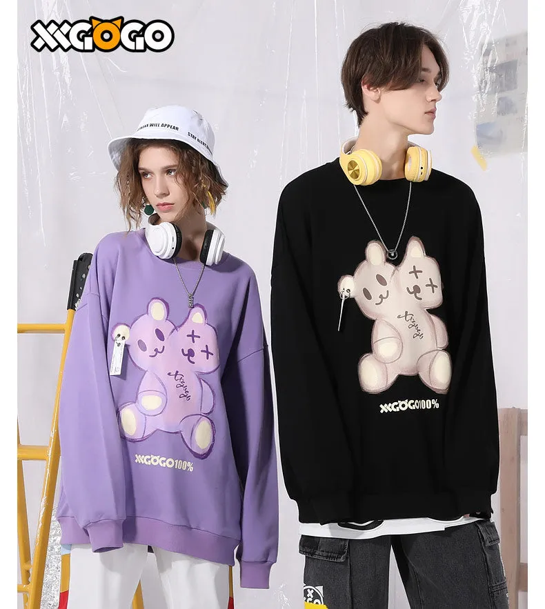 Cartoon Bear Print Loose Basic Sweatshirt