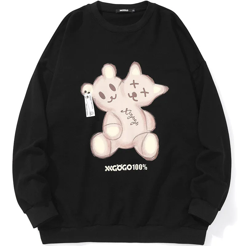 Cartoon Bear Print Loose Basic Sweatshirt