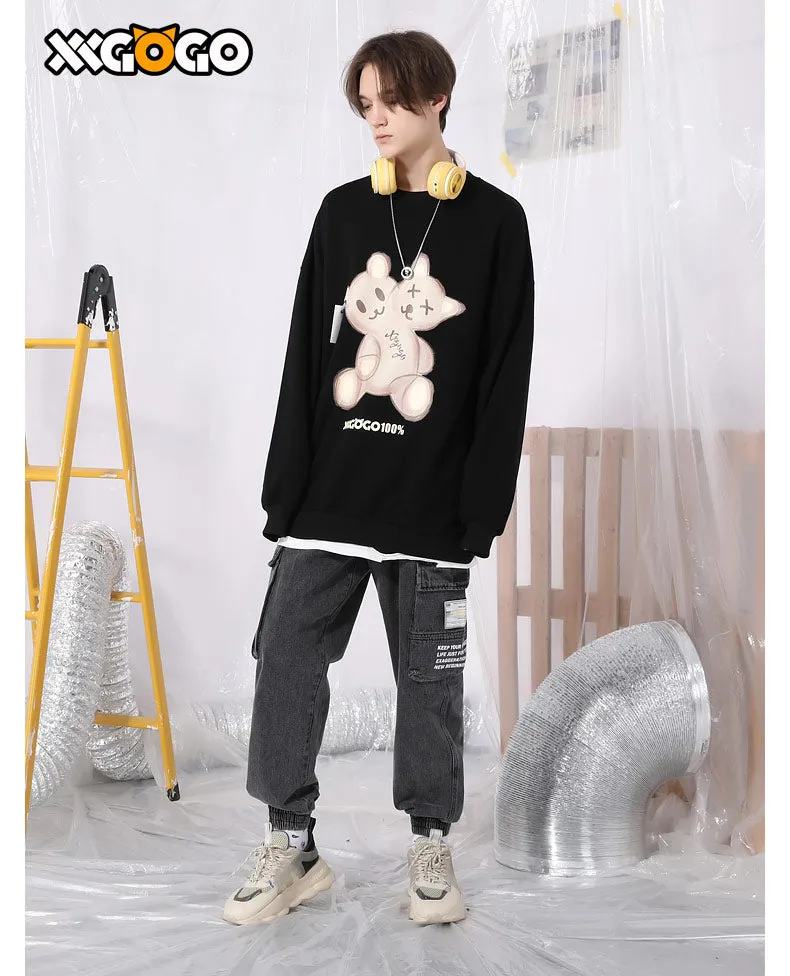 Cartoon Bear Print Loose Basic Sweatshirt