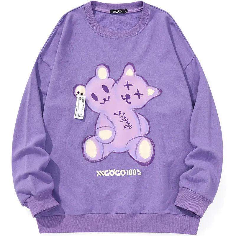 Cartoon Bear Print Loose Basic Sweatshirt