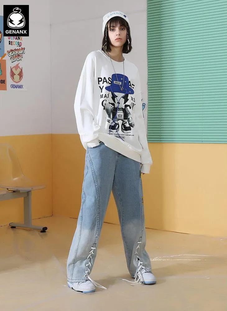 Cartoon Hat Print Drawstring Sweatshirt