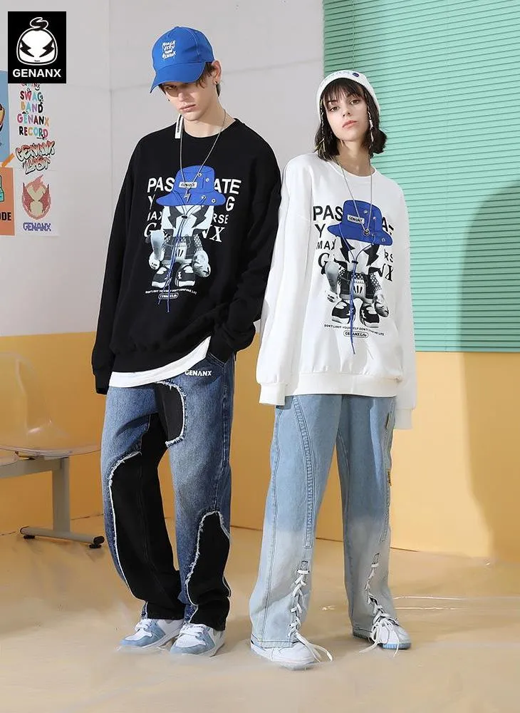 Cartoon Hat Print Drawstring Sweatshirt