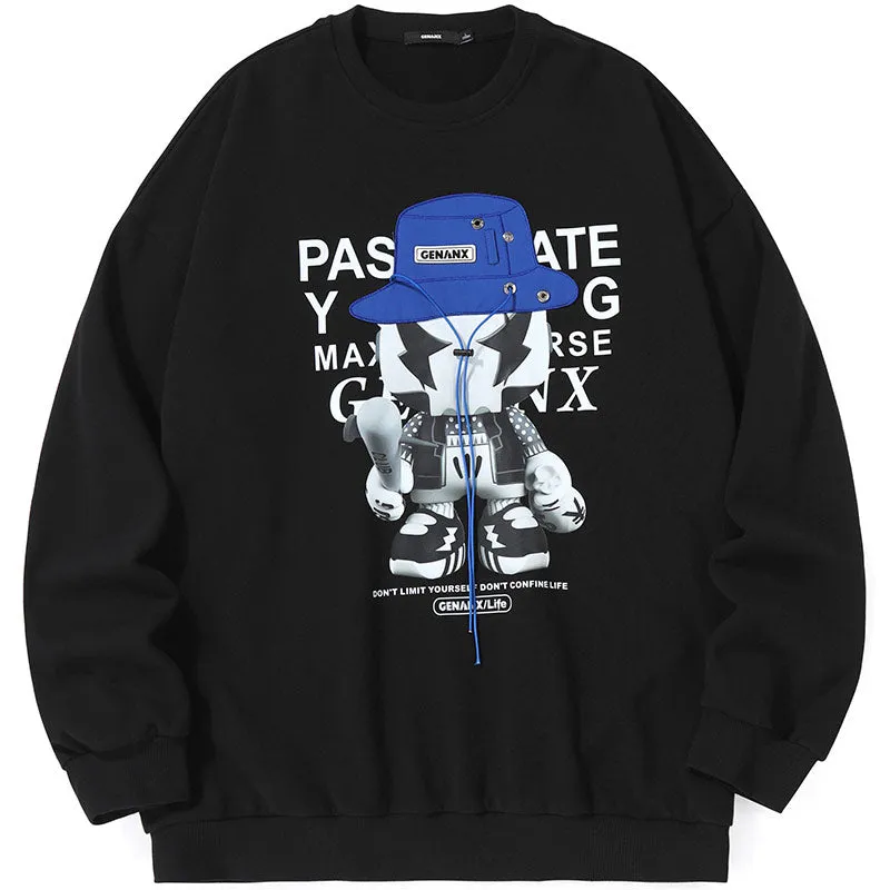 Cartoon Hat Print Drawstring Sweatshirt