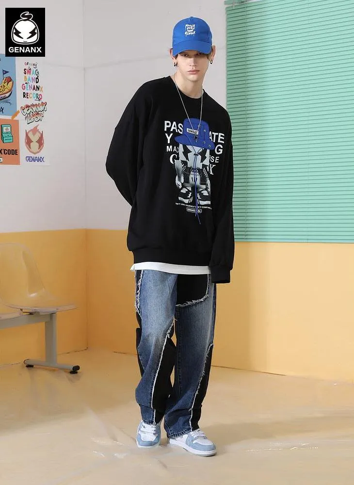 Cartoon Hat Print Drawstring Sweatshirt