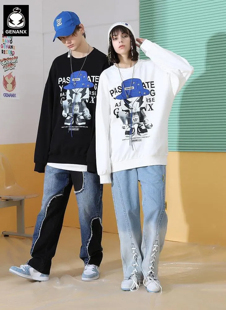Cartoon Hat Print Drawstring Sweatshirt