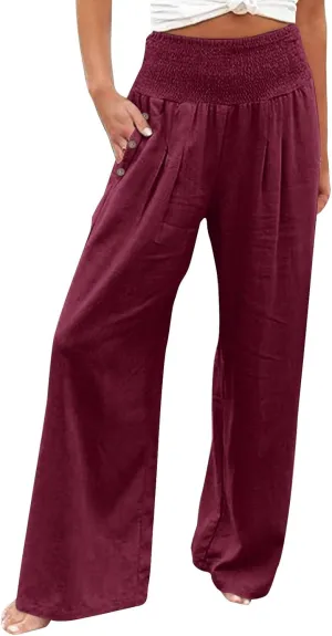 Casual Pants for Women Wide Leg High Waisted Pant Solid Color Loose Fit Elastic Waist Trousers with Button Pockets