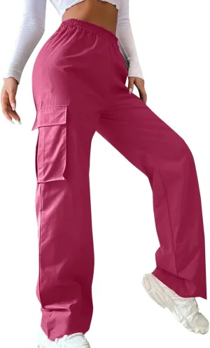 Casual Wide Leg Work Pants for Women Loose Fit Solid Color High Waisted Pant Elastic Waist Trouser with Pockets