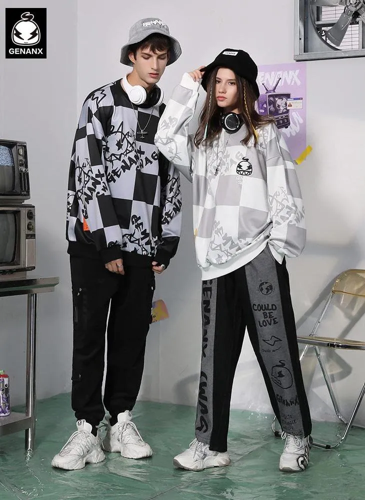 Checkerboard Cartoon Crew Neck Sweatshirt