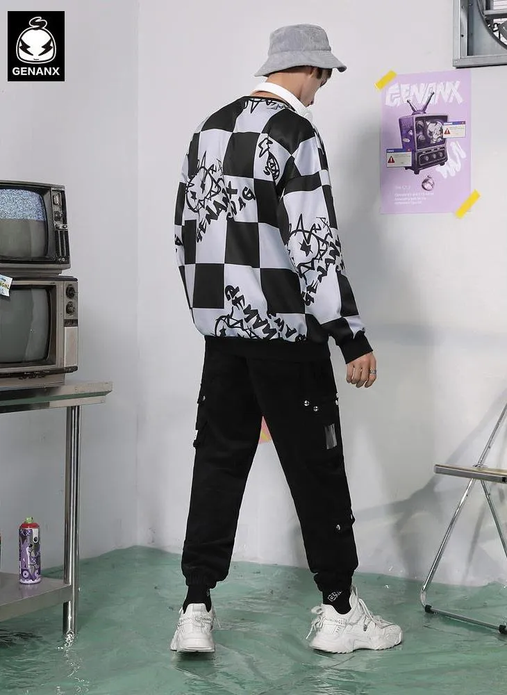 Checkerboard Cartoon Crew Neck Sweatshirt