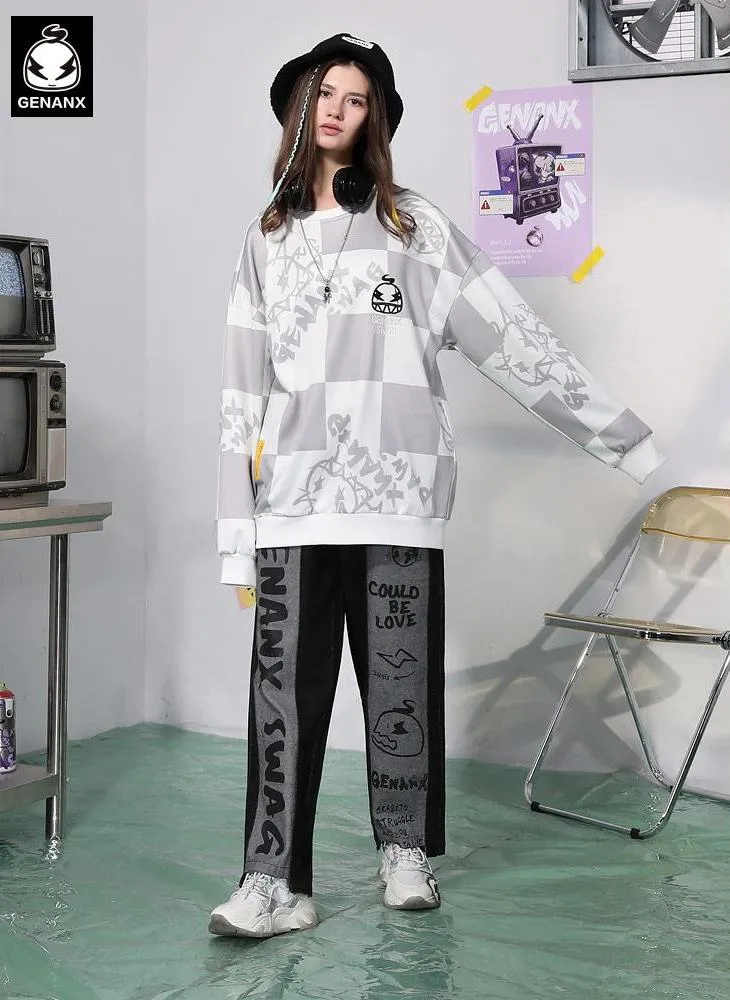 Checkerboard Cartoon Crew Neck Sweatshirt