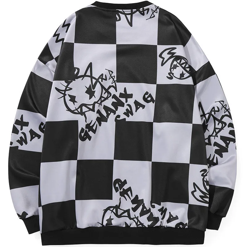 Checkerboard Cartoon Crew Neck Sweatshirt