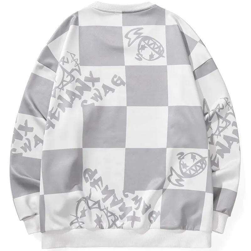 Checkerboard Cartoon Crew Neck Sweatshirt