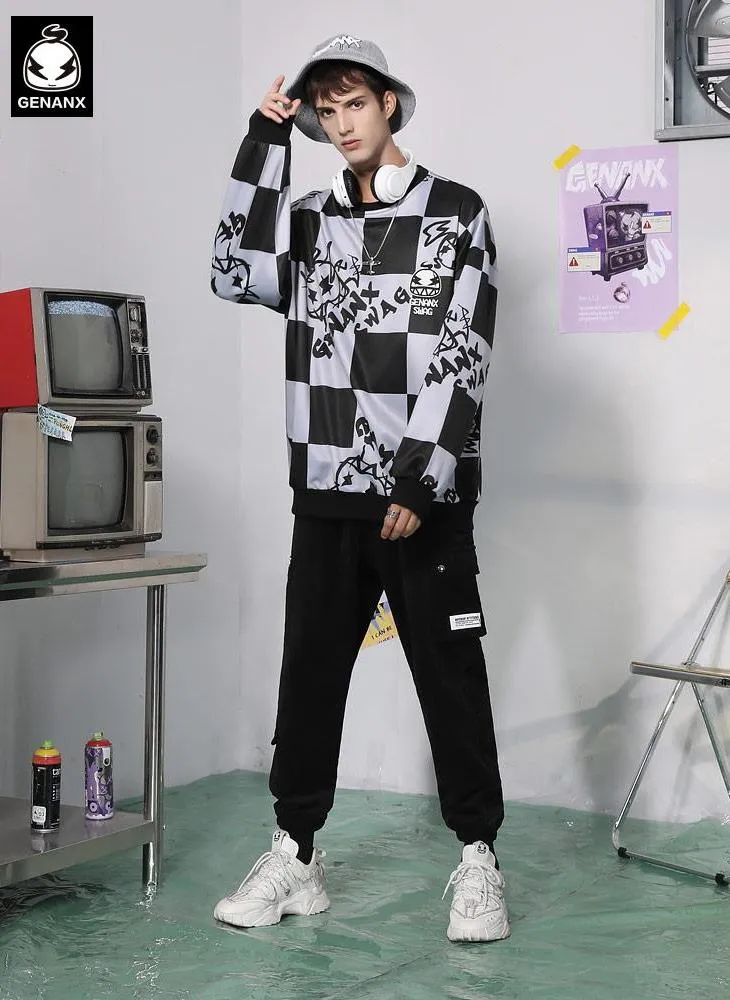 Checkerboard Cartoon Crew Neck Sweatshirt
