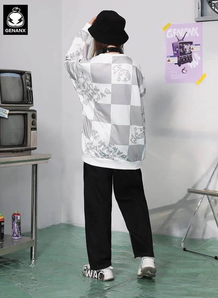 Checkerboard Cartoon Crew Neck Sweatshirt