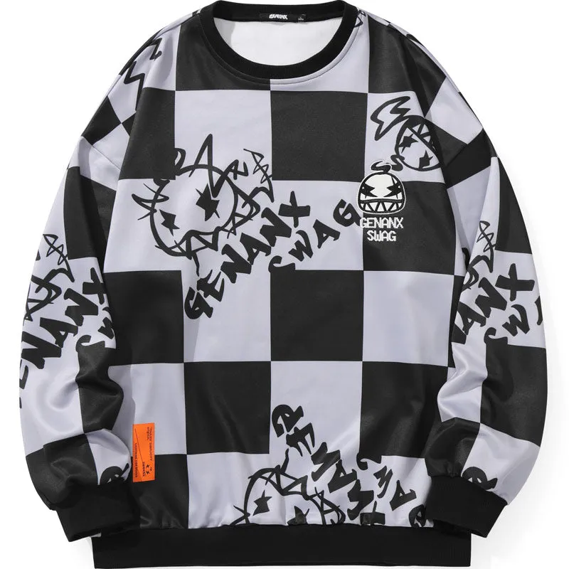 Checkerboard Cartoon Crew Neck Sweatshirt