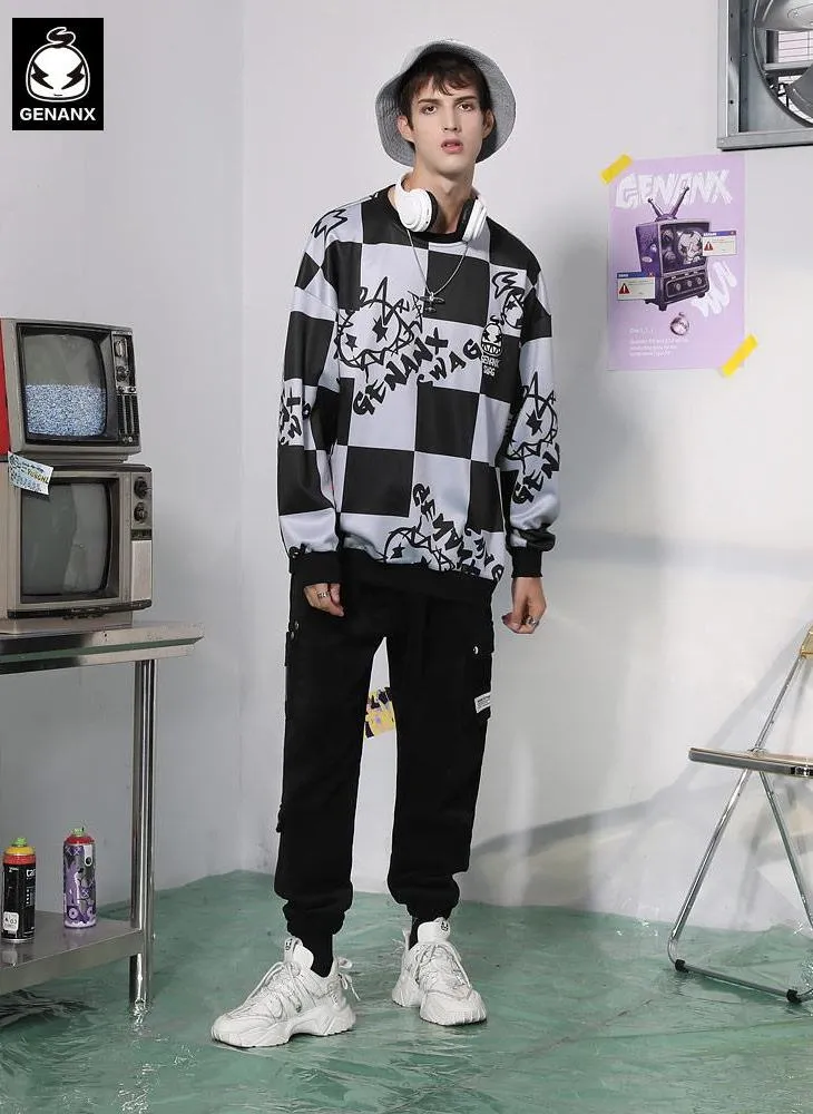 Checkerboard Cartoon Crew Neck Sweatshirt