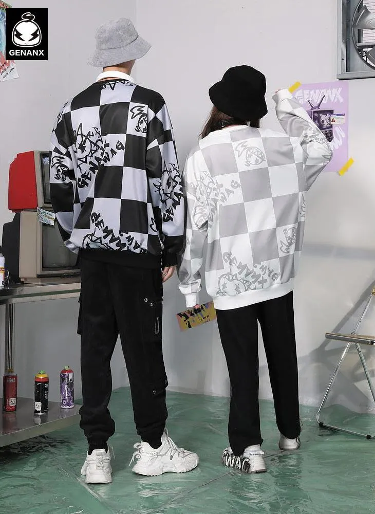 Checkerboard Cartoon Crew Neck Sweatshirt