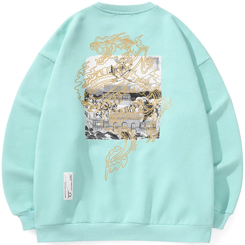 Chinese Style Plain Print Round Neck Couple Sweatshirt