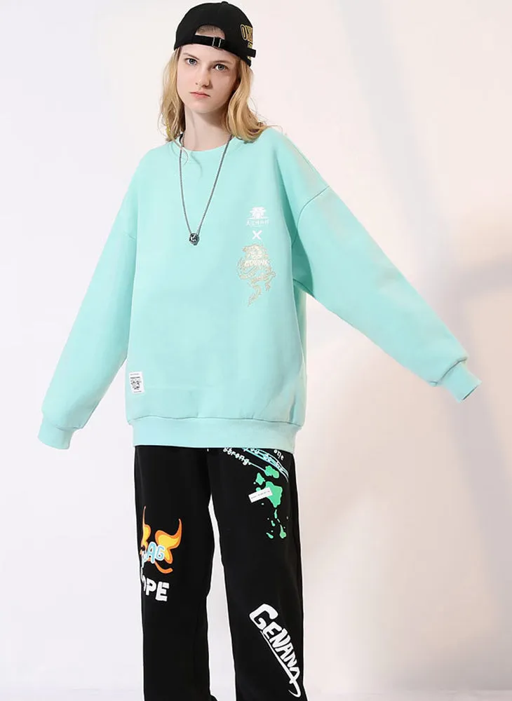 Chinese Style Plain Print Round Neck Couple Sweatshirt