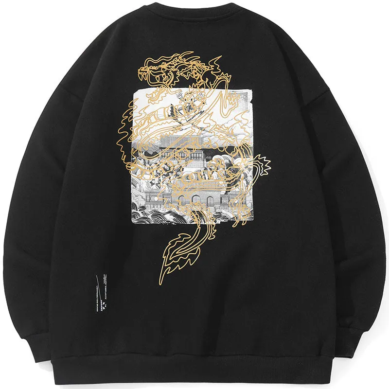 Chinese Style Plain Print Round Neck Couple Sweatshirt