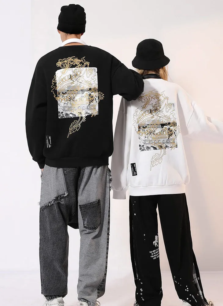 Chinese Style Plain Print Round Neck Couple Sweatshirt