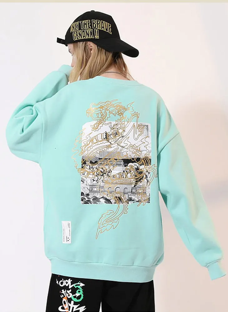Chinese Style Plain Print Round Neck Couple Sweatshirt