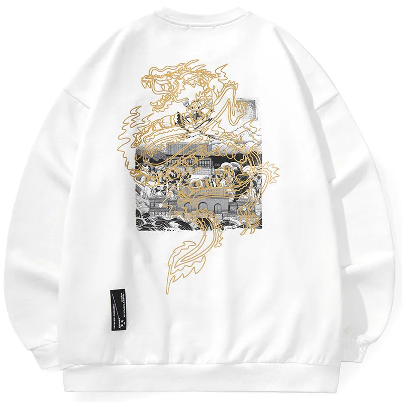 Chinese Style Plain Print Round Neck Couple Sweatshirt