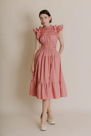 Christy SMOCKED FLUTTER SLEEVE MIDI DRESS