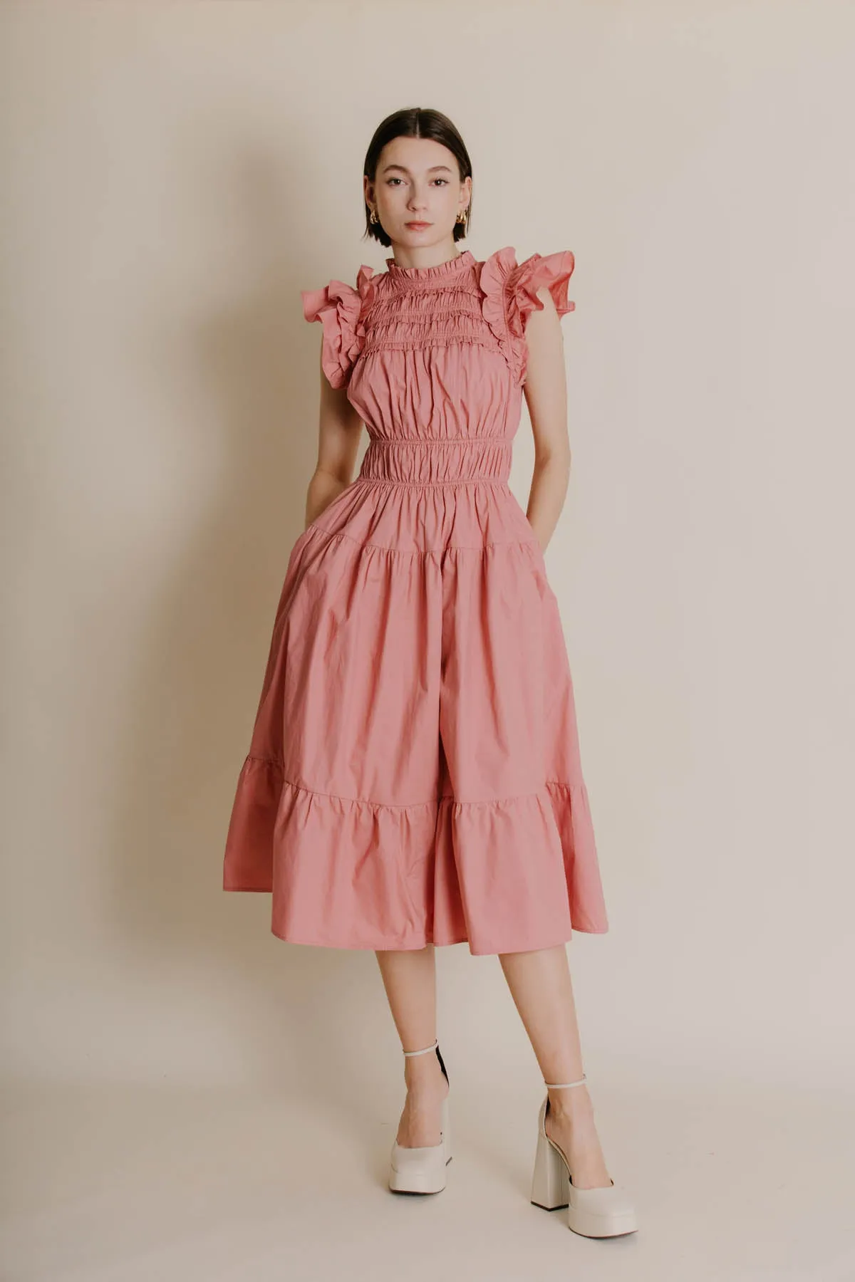 Christy SMOCKED FLUTTER SLEEVE MIDI DRESS