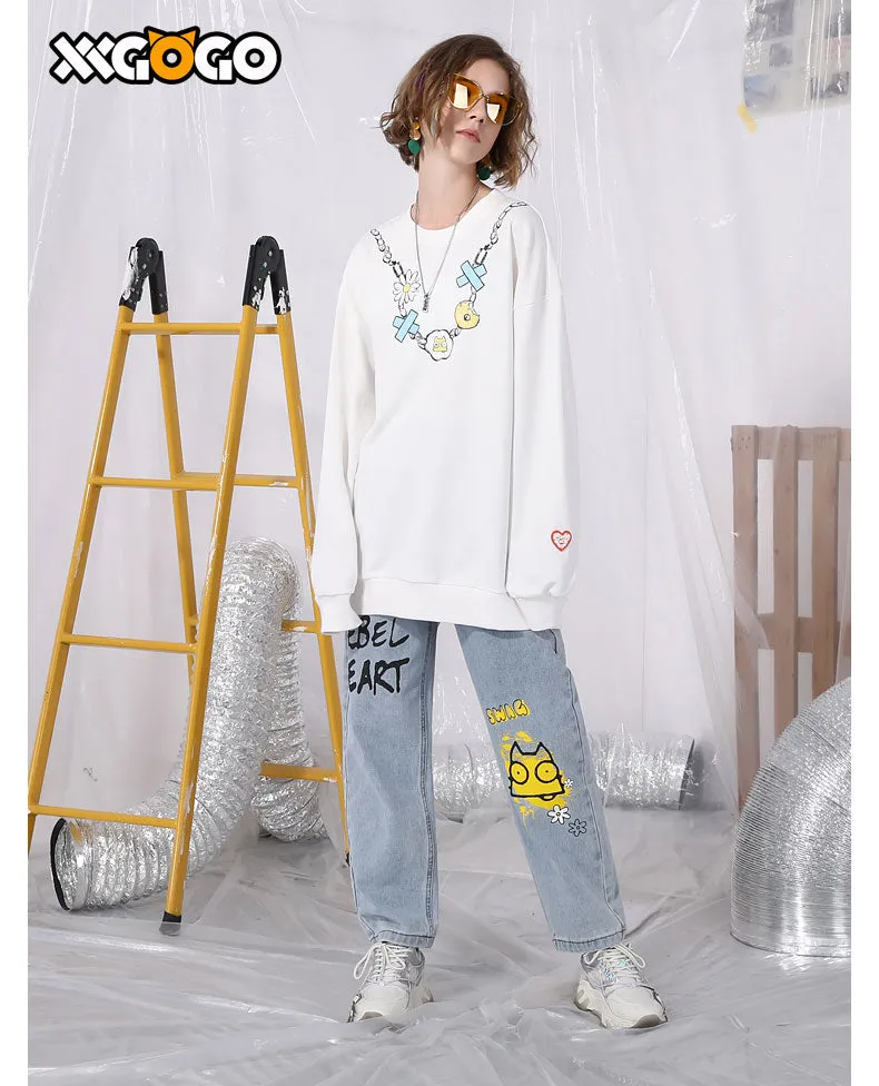 Daisy Donut Chain Print Basic Cotton Sweatshirt