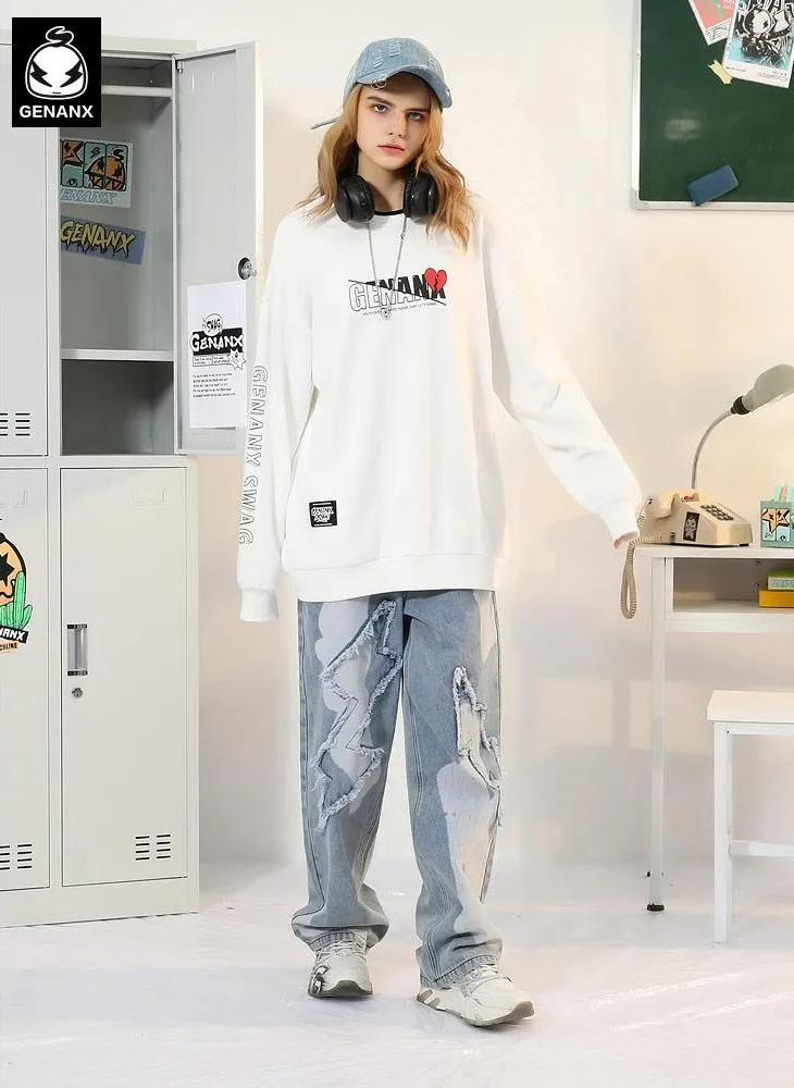Hip Hop Contrast Color Letter Print Pullover Sweatshirt