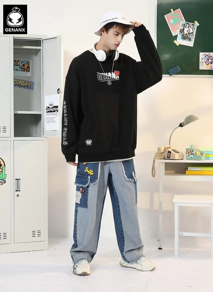 Hip Hop Contrast Color Letter Print Pullover Sweatshirt