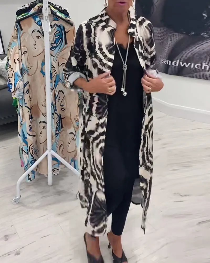 Long retro contrast print coat